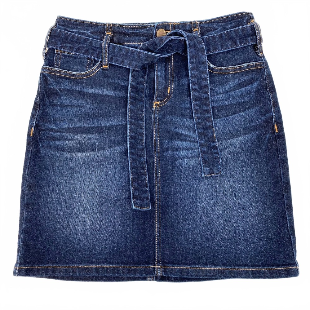 Miss Me Blue Denim Mini Skirt | Belted Cotton-Poly | Regular 26